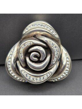 VTG Sterling Silver Electroform Rose Puffy Pendant 1.5" Rhinestones Signed